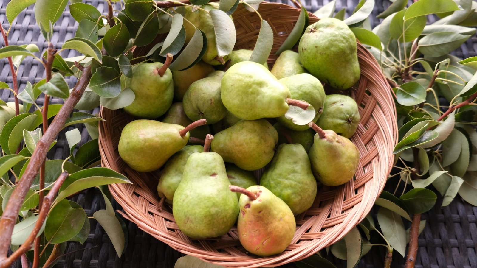 A woven basket brimming with plump, green fruits with a hint of blush at the tops, surrounded by scattered, curved leaves with smooth, pale green surfaces.